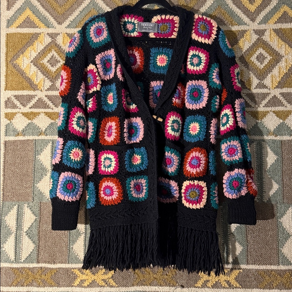 French Knot “Fran” crocheted granny square wool cardigan. Handmade in Nepal. New